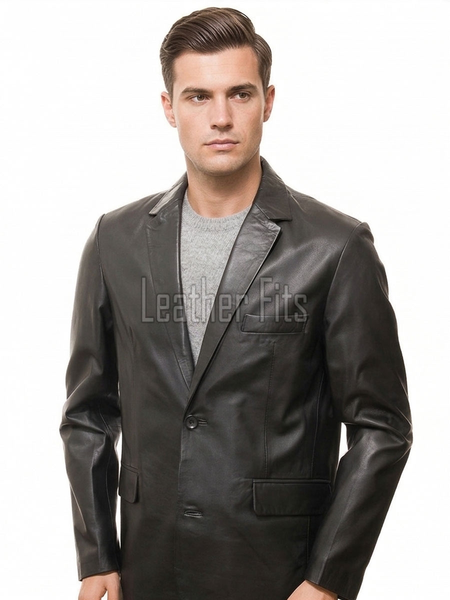 Men Black Leather Blazer | Premium Lambskin Tailored Formal Sport Coat | Luxury Two-Button Smart Casual Professional Evening Outerwear