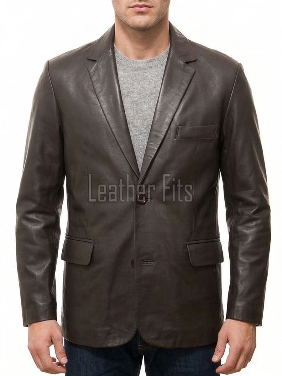 Men Dark Brown Leather Blazer | Premium Sheepskin Tailored Formal Sport Coat | Luxury Two-Button Smart Casual Business Evening Outerwear