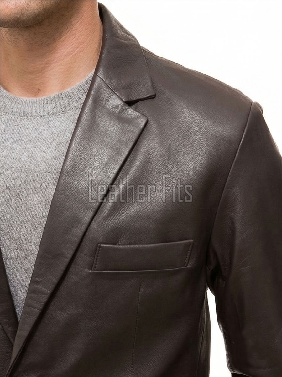 Men Dark Brown Leather Blazer | Premium Sheepskin Tailored Formal Sport Coat | Luxury Two-Button Smart Casual Business Evening Outerwear