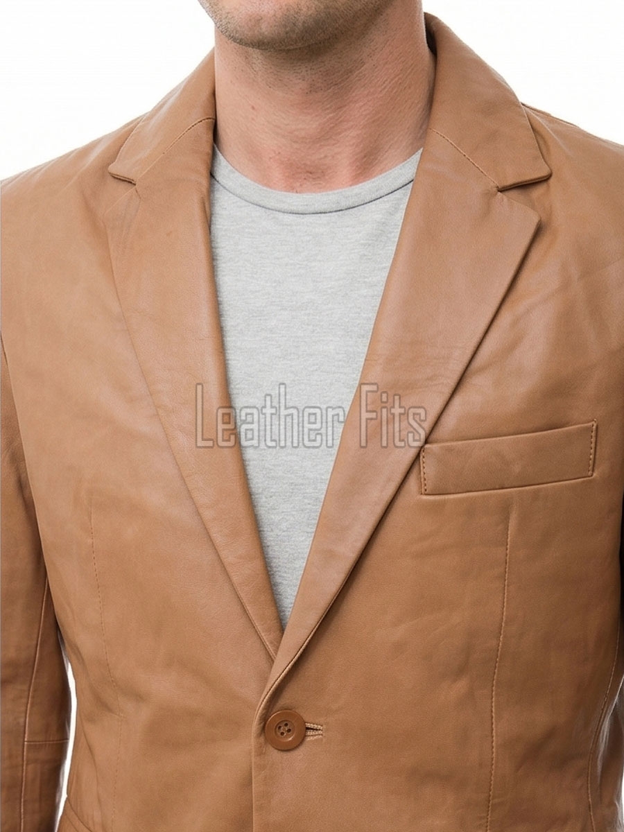 Men Tan Leather Blazer | Premium Lambskin Tailored Formal Sport Coat | Luxury Two-Button Smart Casual Business Evening Outerwear
