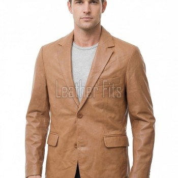 Men Tan Leather Blazer | Premium Lambskin Tailored Formal Sport Coat | Luxury Two-Button Smart Casual Business Evening Outerwear
