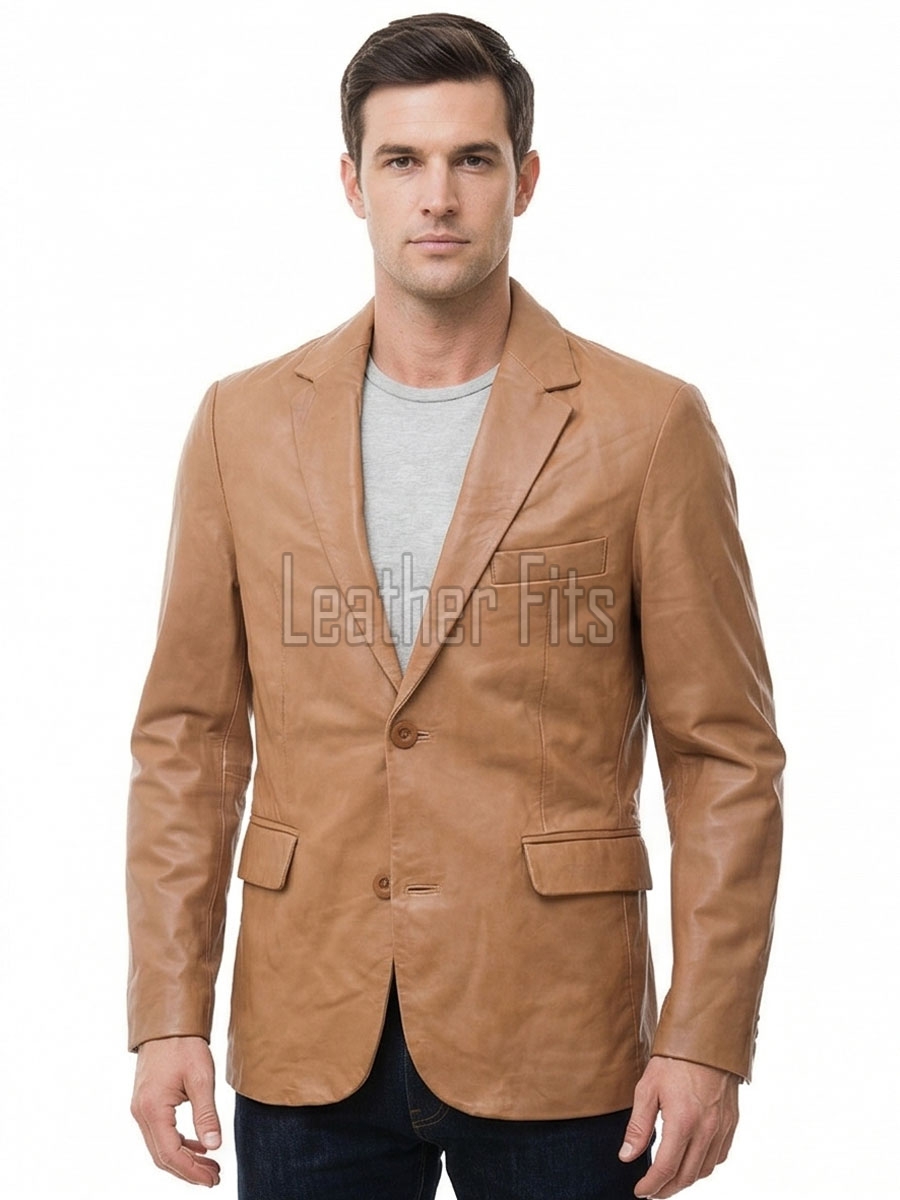 Men Tan Leather Blazer | Premium Lambskin Tailored Formal Sport Coat | Luxury Two-Button Smart Casual Business Evening Outerwear