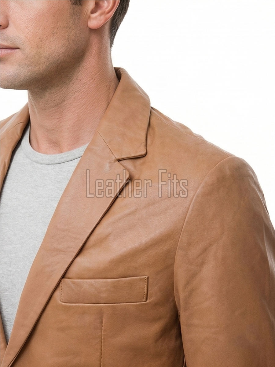 Men Tan Leather Blazer | Premium Lambskin Tailored Formal Sport Coat | Luxury Two-Button Smart Casual Business Evening Outerwear