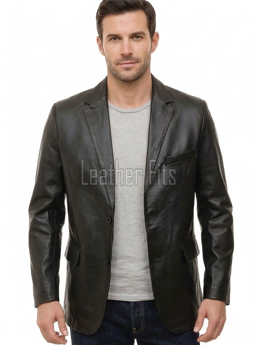 Men Black Leather Blazer | Premium Lambskin Tailored Formal Sport Coat | Luxury Two-Button Smart Casual Business Evening Outerwear