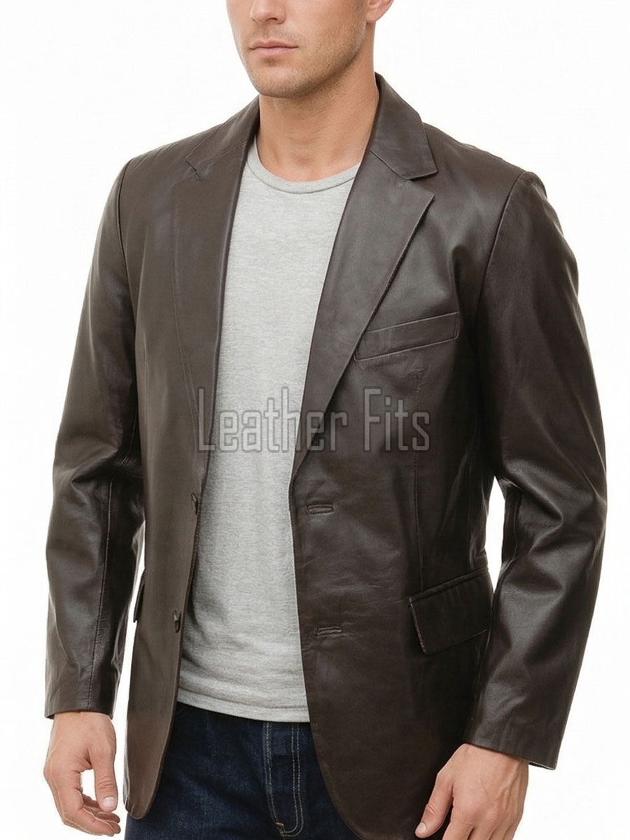 Men Dark Brown Leather Blazer | Premium Sheepskin Tailored Formal Sport Coat | Luxury Two-Button Smart Casual Business Evening Outerwear