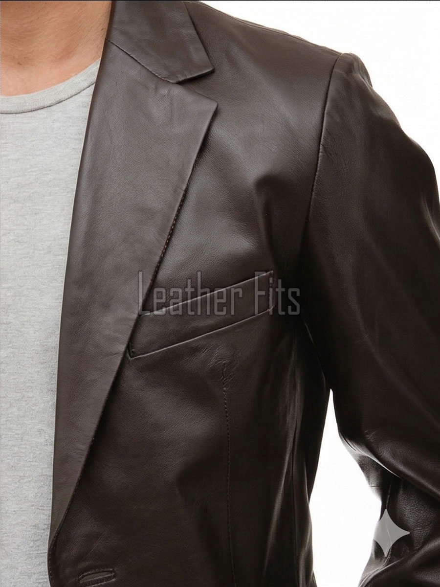 Men Dark Brown Leather Blazer | Premium Sheepskin Tailored Formal Sport Coat | Luxury Two-Button Smart Casual Business Evening Outerwear