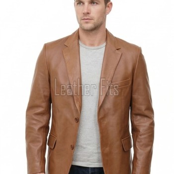 Men Cognac Tan Leather Blazer | Premium Lambskin Tailored Formal Sport Coat | Luxury Two-Button Smart Casual Business Evening Outerwear