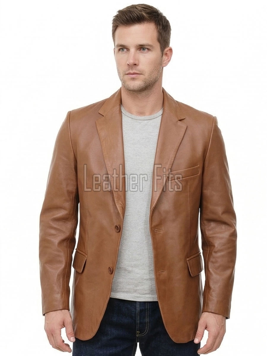 Men Cognac Tan Leather Blazer | Premium Lambskin Tailored Formal Sport Coat | Luxury Two-Button Smart Casual Business Evening Outerwear
