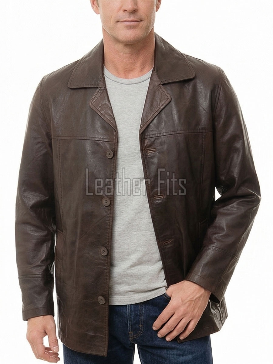 Men Distressed Brown Leather Blazer | Premium Sheepskin Tailored Car Coat | Luxury Multi-Button Smart Casual Business Urban Outerwear