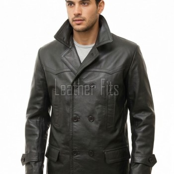 Men Black Leather Peacoat Blazer | Premium Sheepskin Tailored Double Breasted Jacket | Luxury Smart Casual Business Urban Military Outerwear