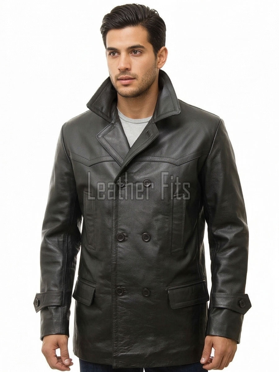 Men Black Leather Peacoat Blazer | Premium Sheepskin Tailored Double Breasted Jacket | Luxury Smart Casual Business Urban Military Outerwear