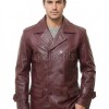 Men Burgundy Leather Peacoat Blazer | Premium Sheepskin Tailored Double Breasted Jacket | Luxury Smart Casual Business Urban Outerwear