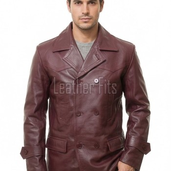 Men Burgundy Leather Peacoat Blazer | Premium Sheepskin Tailored Double Breasted Jacket | Luxury Smart Casual Business Urban Outerwear