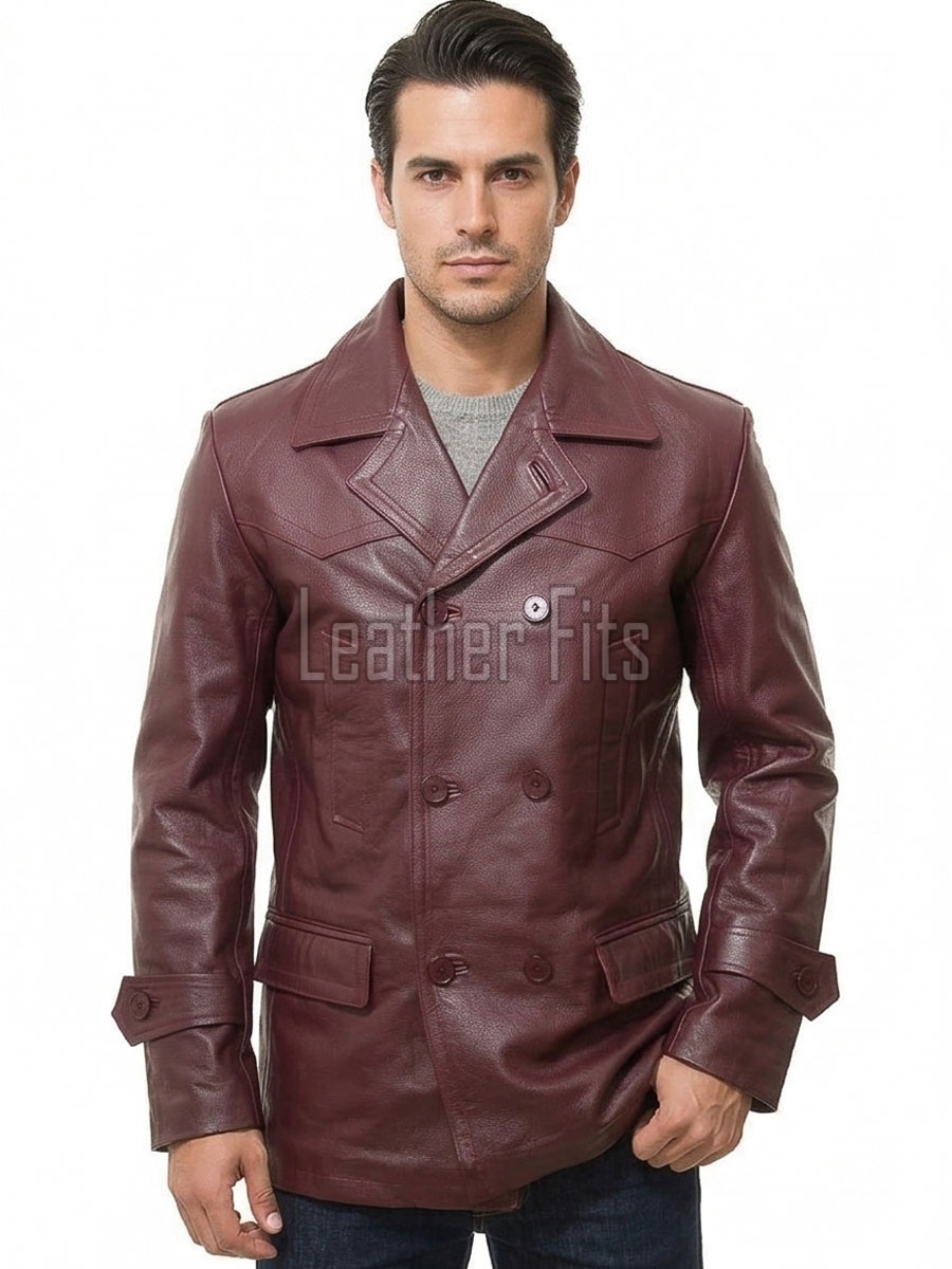Men Burgundy Leather Peacoat Blazer | Premium Sheepskin Tailored Double Breasted Jacket | Luxury Smart Casual Business Urban Outerwear
