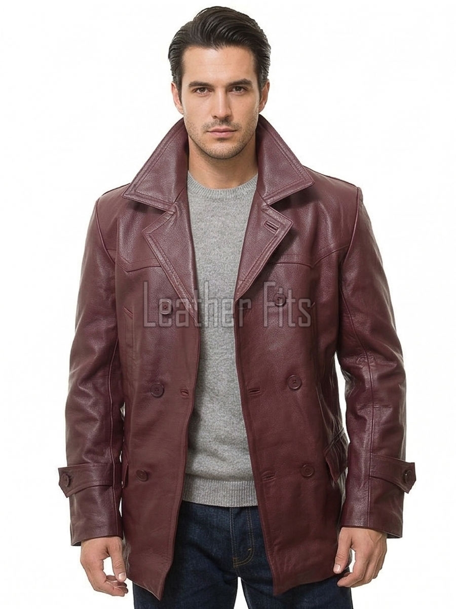 Men Burgundy Leather Peacoat Blazer | Premium Sheepskin Tailored Double Breasted Jacket | Luxury Smart Casual Business Urban Outerwear