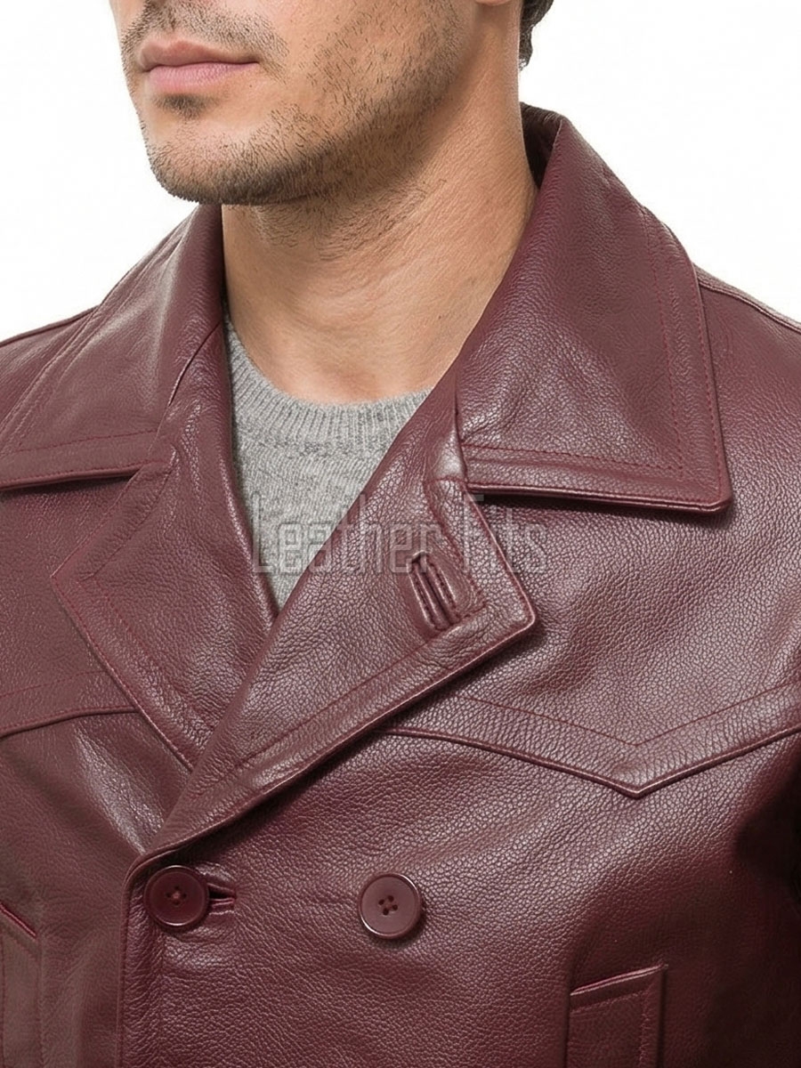 Men Burgundy Leather Peacoat Blazer | Premium Sheepskin Tailored Double Breasted Jacket | Luxury Smart Casual Business Urban Outerwear