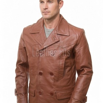 Men Tan Leather Peacoat Blazer | Premium Sheepskin Tailored Double Breasted Jacket | Luxury Smart Casual Business Urban Outerwear