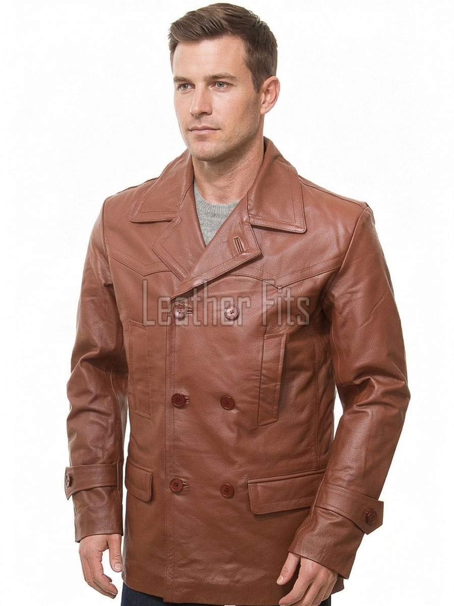 Men Tan Leather Peacoat Blazer | Premium Sheepskin Tailored Double Breasted Jacket | Luxury Smart Casual Business Urban Outerwear