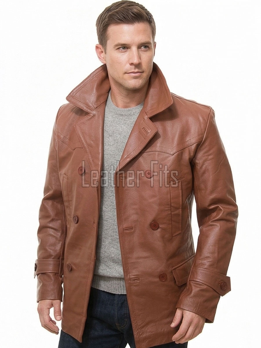Men Tan Leather Peacoat Blazer | Premium Sheepskin Tailored Double Breasted Jacket | Luxury Smart Casual Business Urban Outerwear