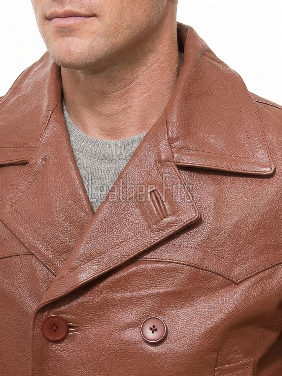 Men Tan Leather Peacoat Blazer | Premium Sheepskin Tailored Double Breasted Jacket | Luxury Smart Casual Business Urban Outerwear