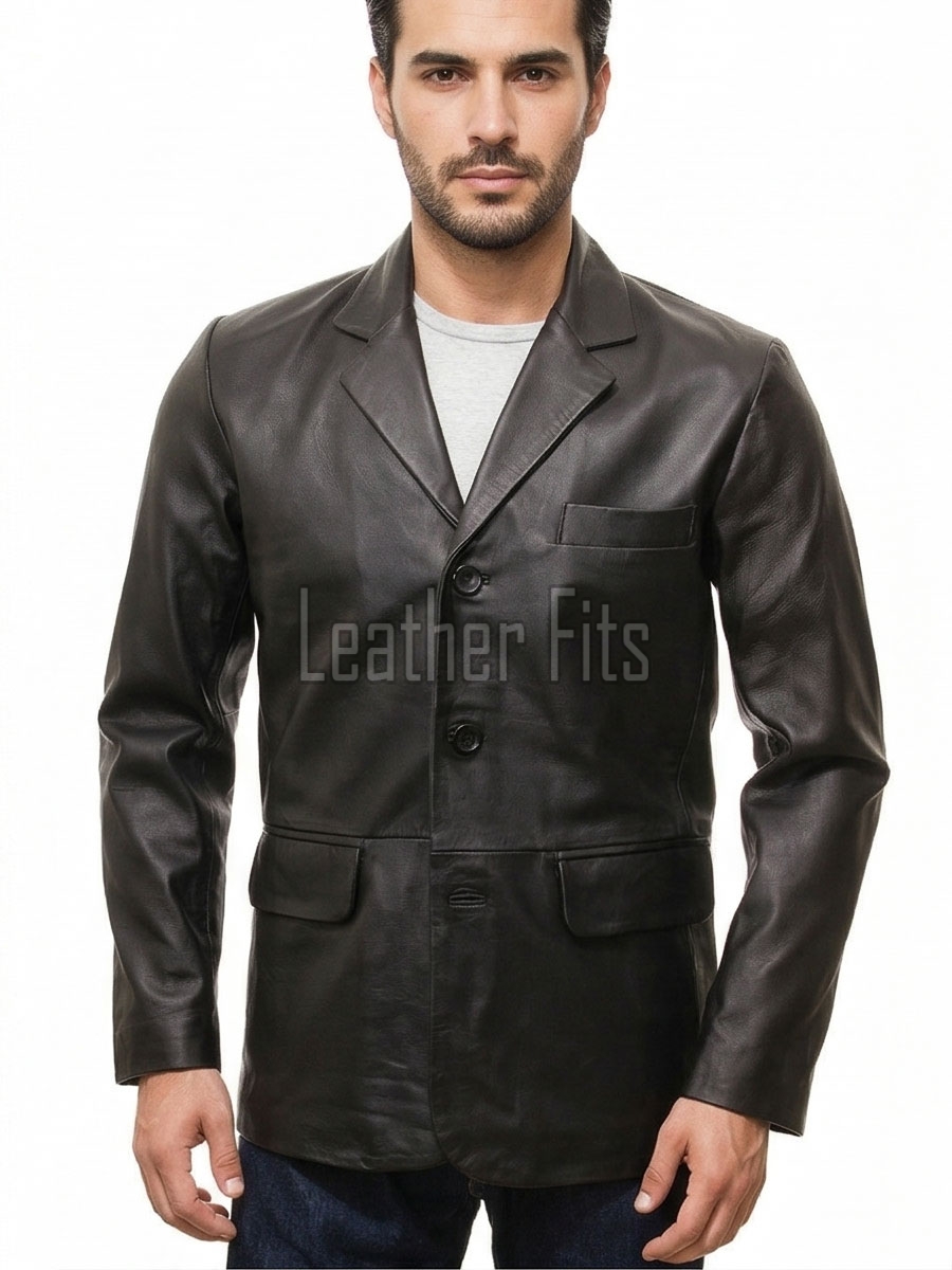 Men Black Leather Blazer | Premium Lambskin Tailored Single Breasted Jacket | Luxury Smart Casual Business Evening Outerwear