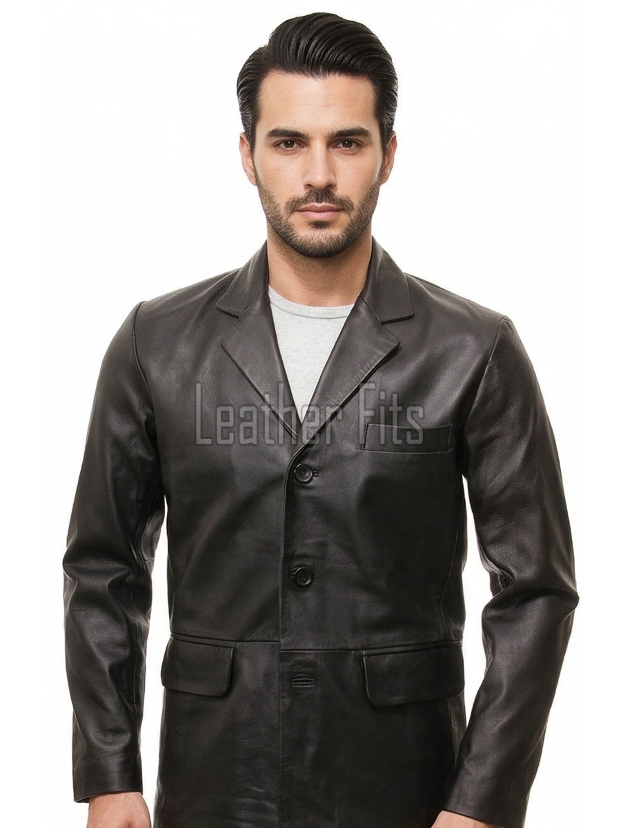 Men Black Leather Blazer | Premium Lambskin Tailored Single Breasted Jacket | Luxury Smart Casual Business Evening Outerwear