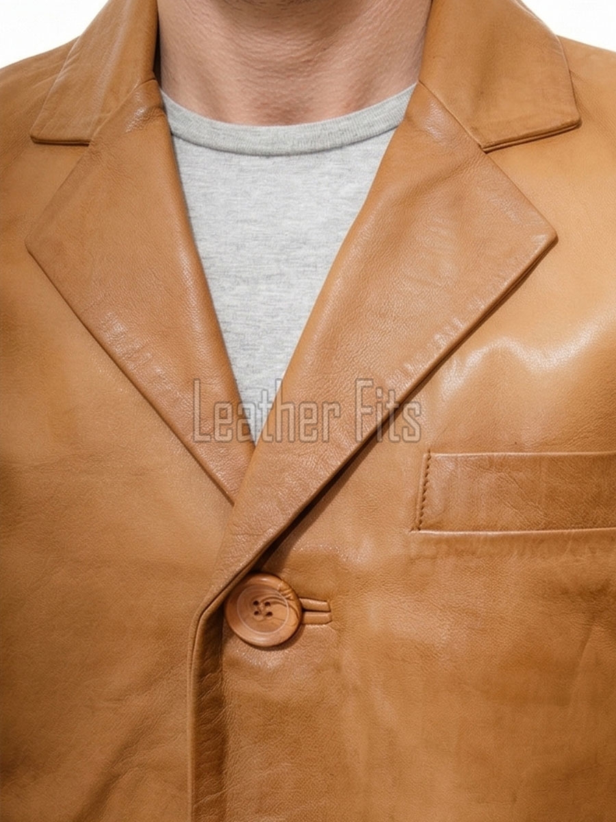 Men Tan Leather Blazer | Premium Sheepskin Tailored Single Breasted Jacket | Luxury Smart Casual Business Evening Outerwear
