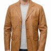 Men Tan Leather Blazer | Premium Sheepskin Tailored Single Breasted Jacket | Luxury Smart Casual Business Evening Outerwear