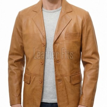 Men Tan Leather Blazer | Premium Sheepskin Tailored Single Breasted Jacket | Luxury Smart Casual Business Evening Outerwear