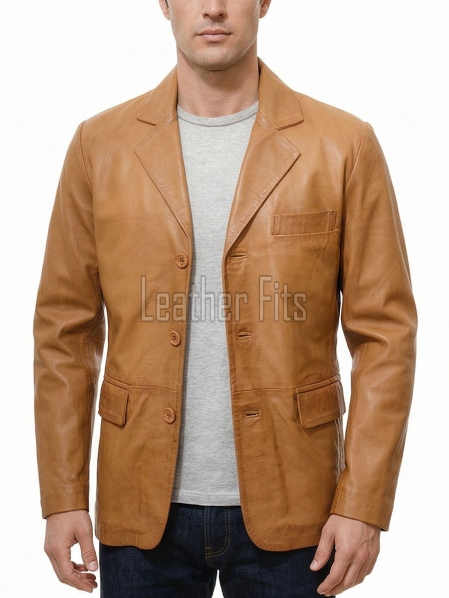 Men Tan Leather Blazer | Premium Sheepskin Tailored Single Breasted Jacket | Luxury Smart Casual Business Evening Outerwear