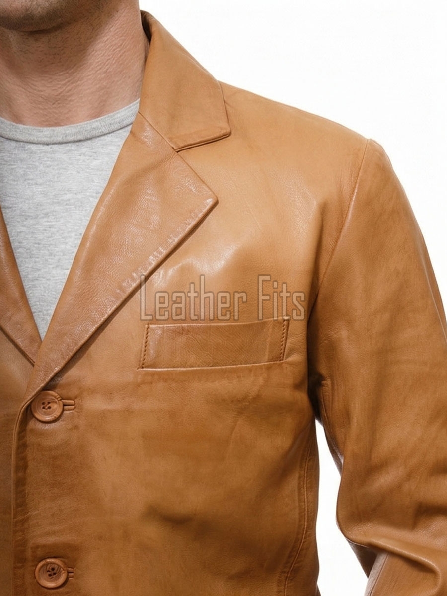 Men Tan Leather Blazer | Premium Sheepskin Tailored Single Breasted Jacket | Luxury Smart Casual Business Evening Outerwear