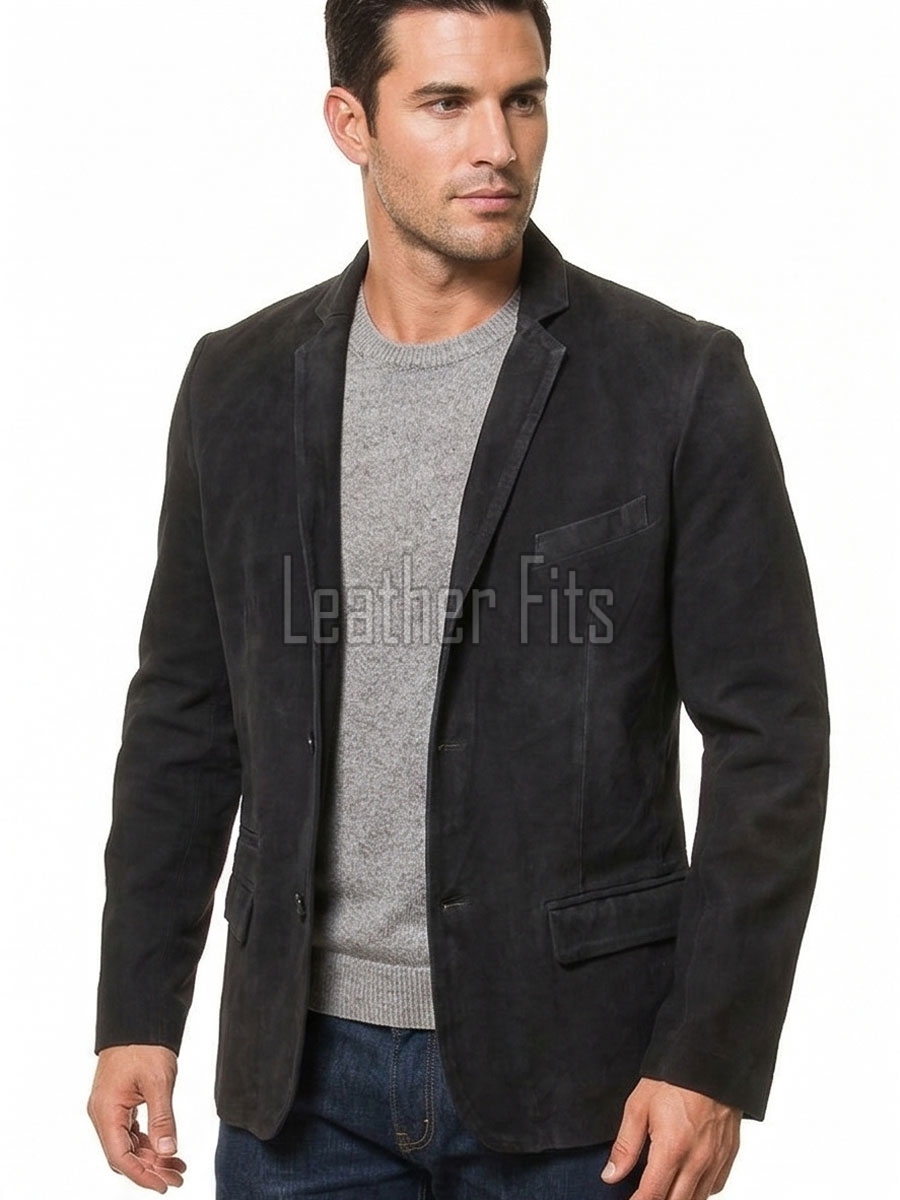 Men Black Suede Leather Blazer | Premium Goatskin Tailored Sport Coat | Luxury Single Breasted Smart Casual Business Evening Outerwear