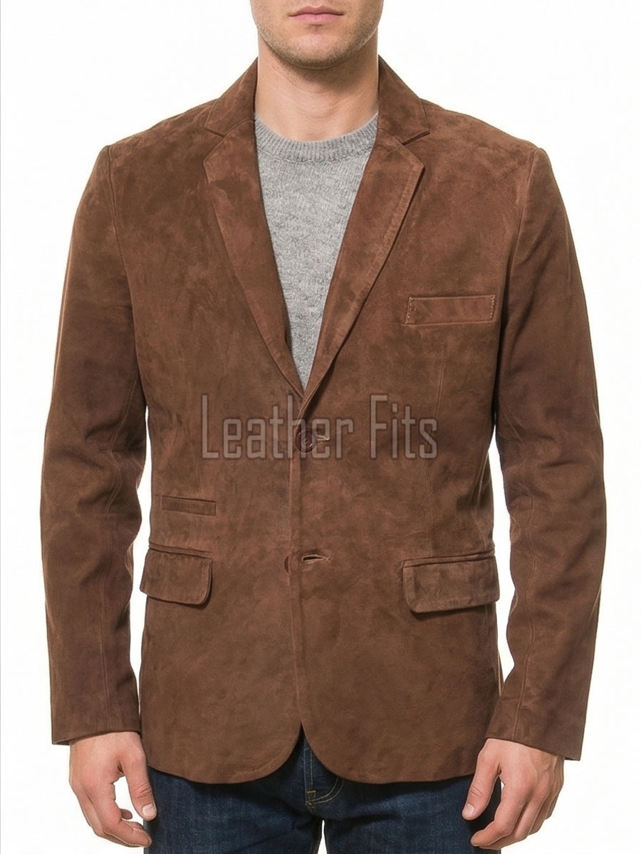 Men Brown Suede Leather Blazer | Premium Goatskin Tailored Sport Coat | Luxury Single Breasted Smart Casual Business Evening Outerwear