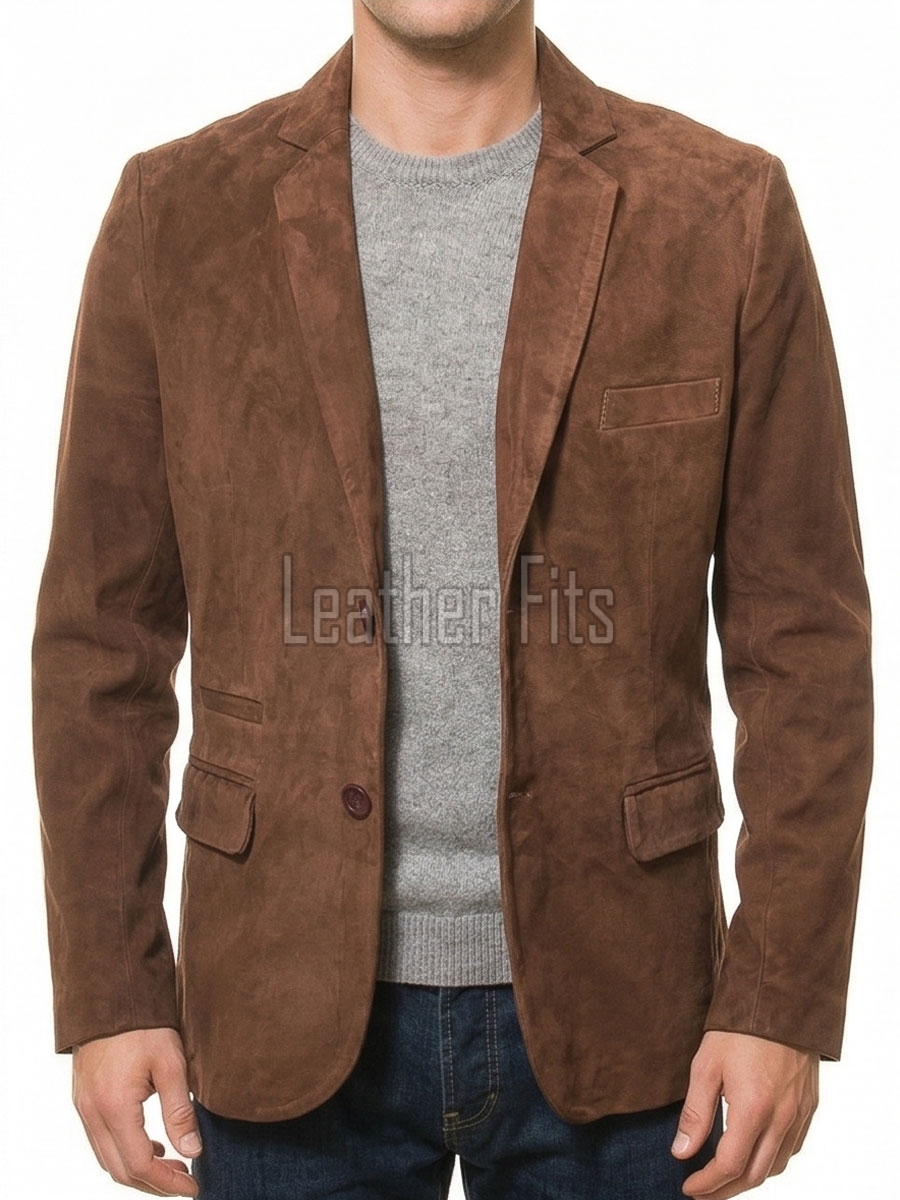 Men Brown Suede Leather Blazer | Premium Goatskin Tailored Sport Coat | Luxury Single Breasted Smart Casual Business Evening Outerwear
