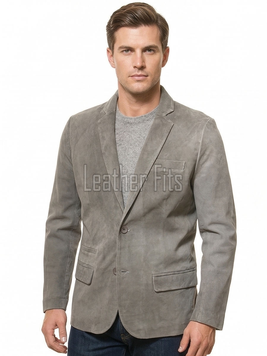 Men Grey Suede Leather Blazer | Premium Goatskin Tailored Sport Coat | Luxury Single Breasted Smart Casual Business Evening Outerwear