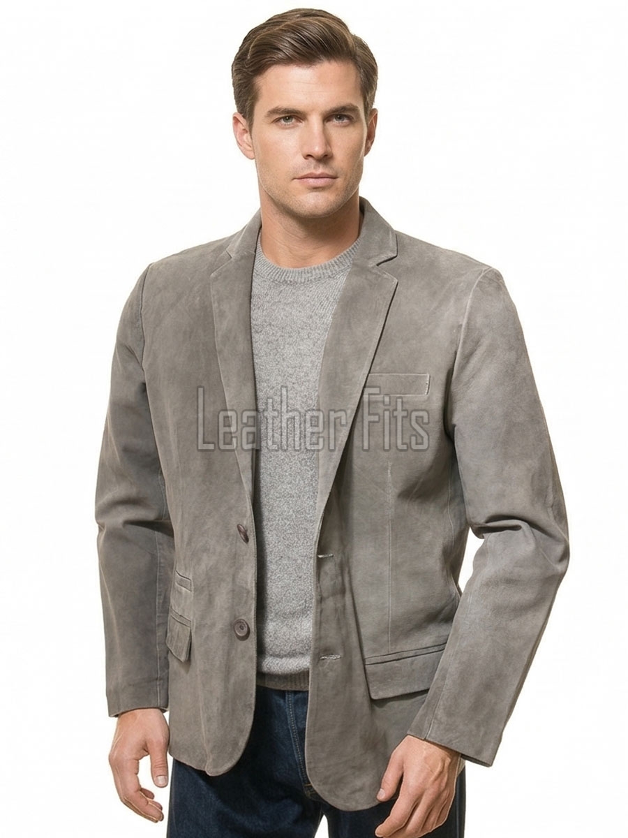 Men Grey Suede Leather Blazer | Premium Goatskin Tailored Sport Coat | Luxury Single Breasted Smart Casual Business Evening Outerwear
