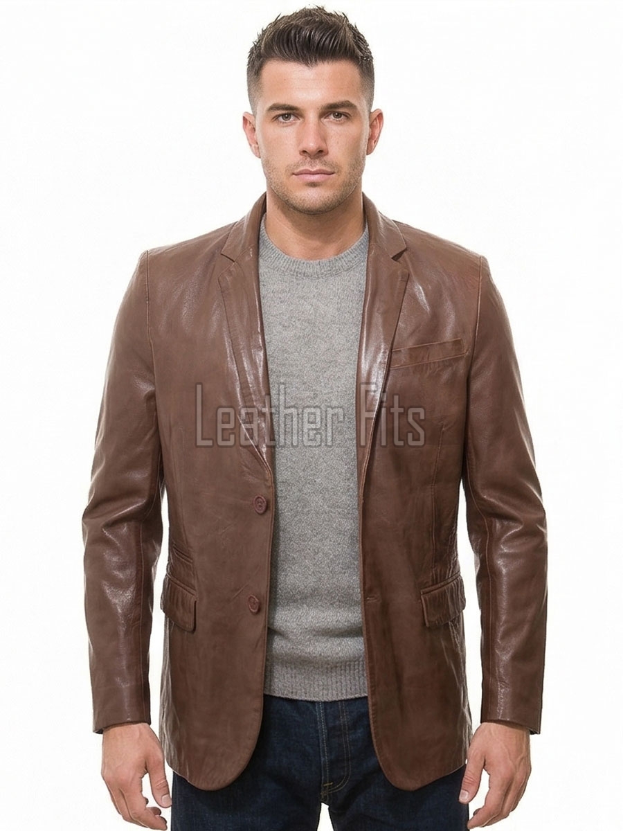 Men Brown Leather Blazer | Premium Sheepskin Tailored Sport Coat | Luxury Single Breasted Smart Casual Business Evening Outerwear