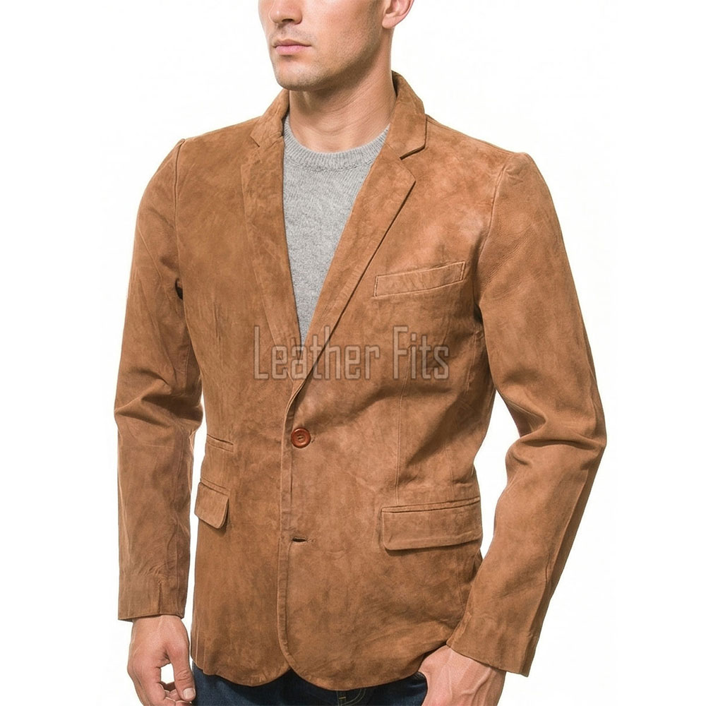 Men Tan Suede Leather Blazer | Premium Goatskin Tailored Sport Coat | Luxury Single Breasted Smart Casual Business Evening Outerwear