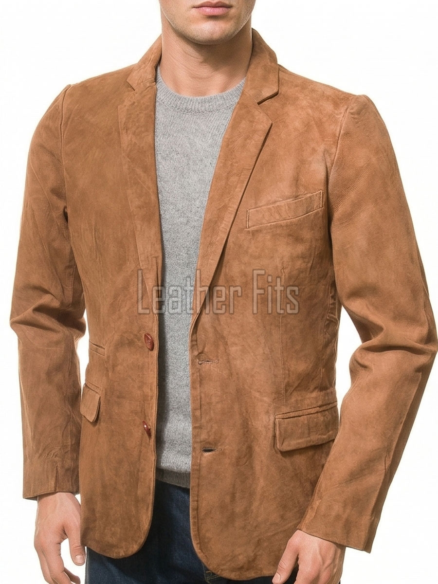 Men Tan Suede Leather Blazer | Premium Goatskin Tailored Sport Coat | Luxury Single Breasted Smart Casual Business Evening Outerwear