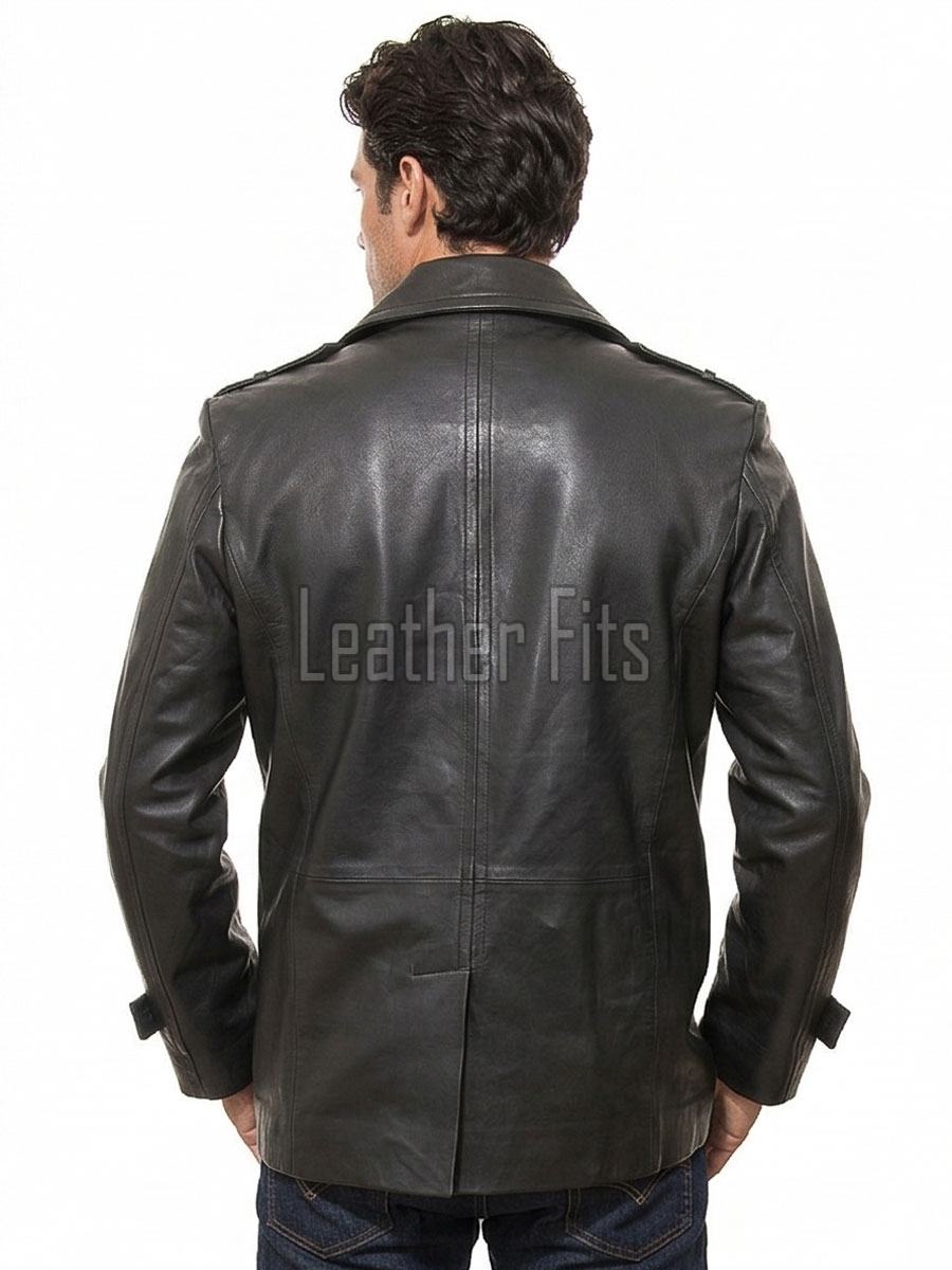Men Black Leather Blazer Jacket | Premium Sheepskin Double Breasted Tailored Pea Coat | Luxury Business Casual Military Inspired Outerwear