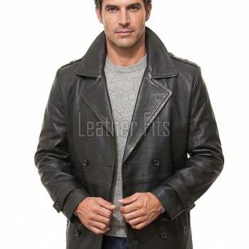 Men Black Leather Blazer Jacket | Premium Sheepskin Double Breasted Tailored Pea Coat | Luxury Business Casual Military Inspired Outerwear