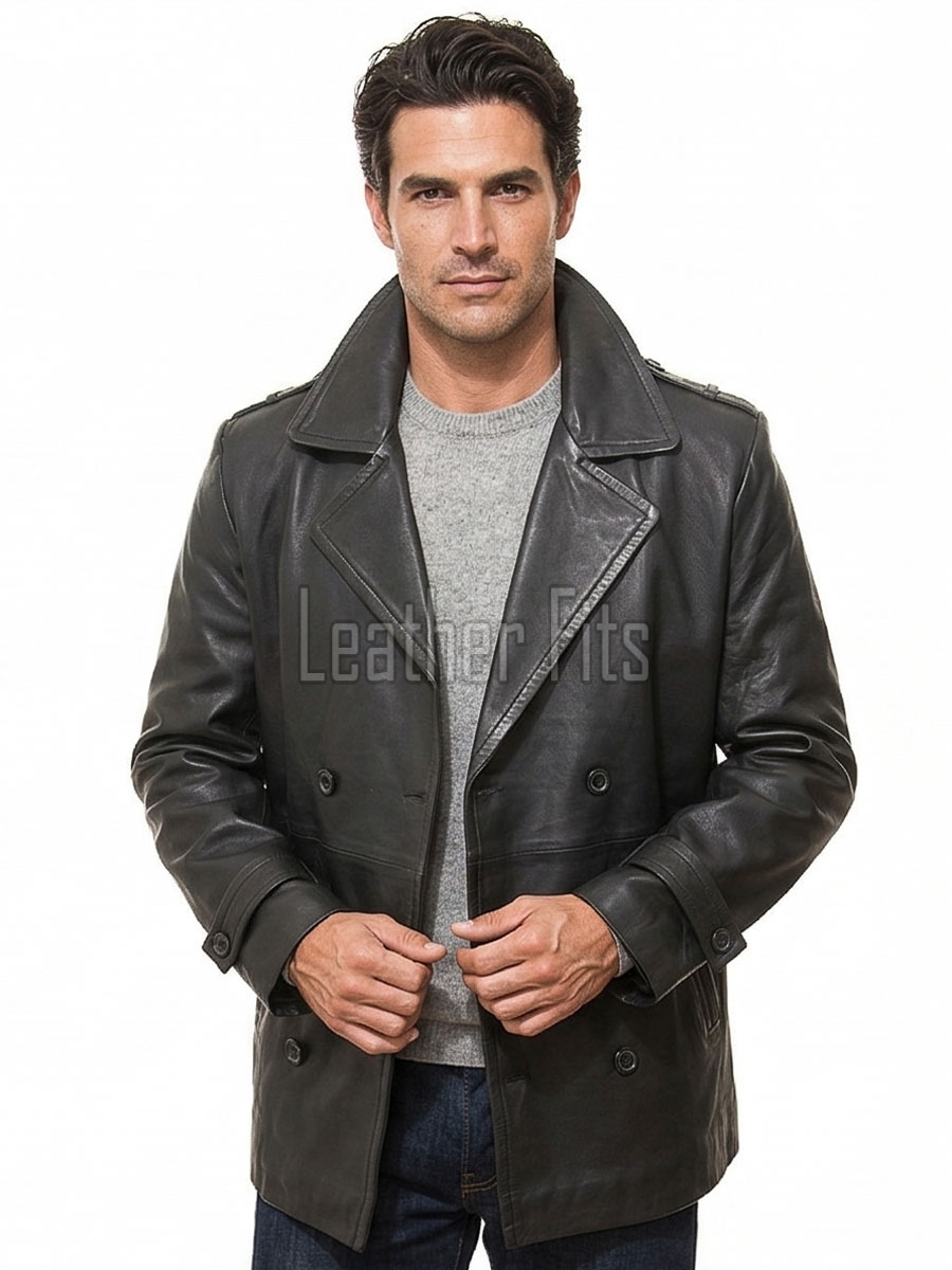 Men Black Leather Blazer Jacket | Premium Sheepskin Double Breasted Tailored Pea Coat | Luxury Business Casual Military Inspired Outerwear