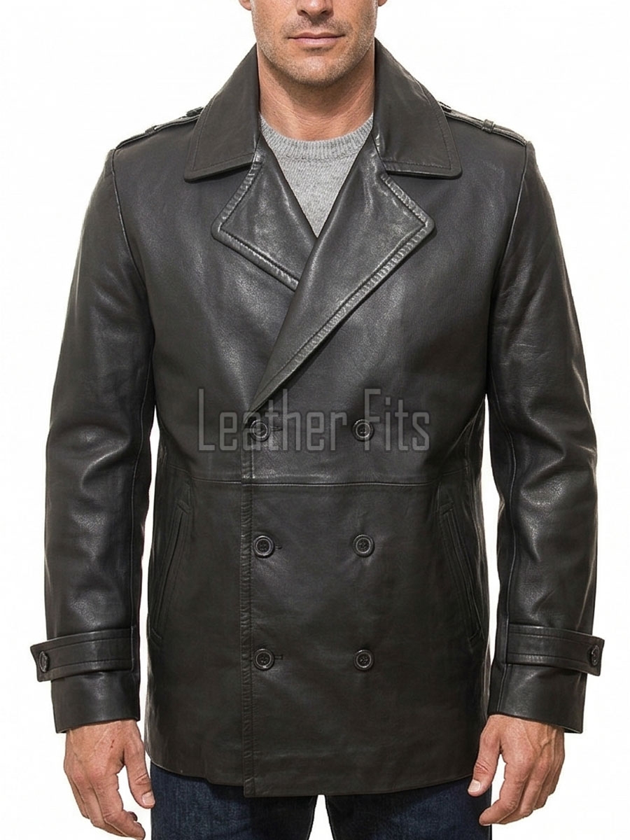Men Black Leather Blazer Jacket | Premium Sheepskin Double Breasted Tailored Pea Coat | Luxury Business Casual Military Inspired Outerwear