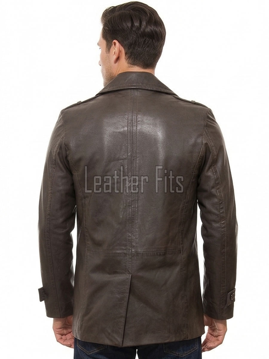 Men Dark Brown Leather Blazer Jacket | Premium Sheepskin Double Breasted Tailored Pea Coat | Luxury Business Casual Military Outerwear