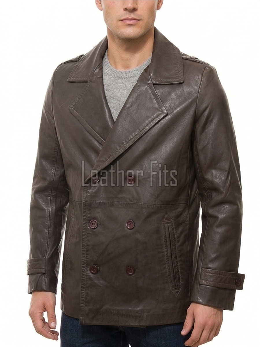 Men Dark Brown Leather Blazer Jacket | Premium Sheepskin Double Breasted Tailored Pea Coat | Luxury Business Casual Military Outerwear