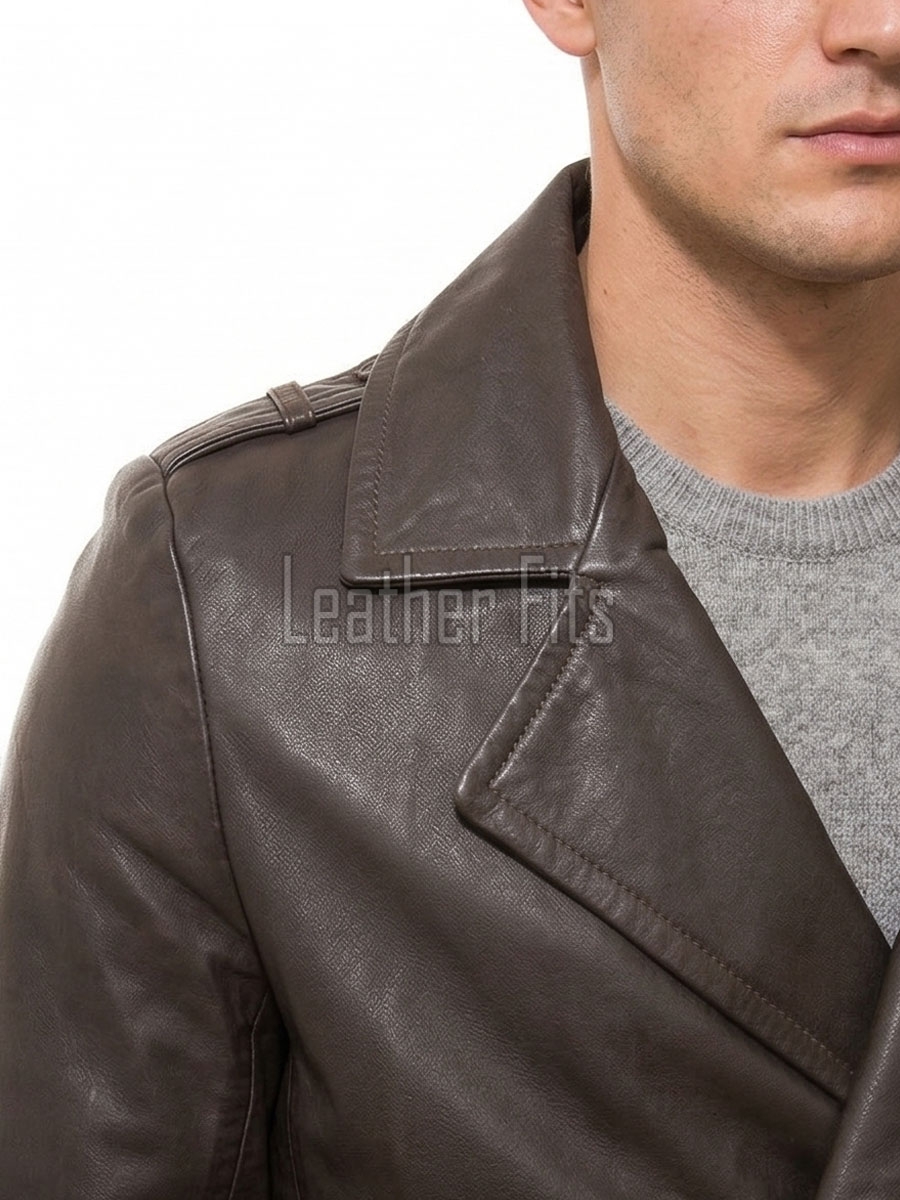 Men Dark Brown Leather Blazer Jacket | Premium Sheepskin Double Breasted Tailored Pea Coat | Luxury Business Casual Military Outerwear