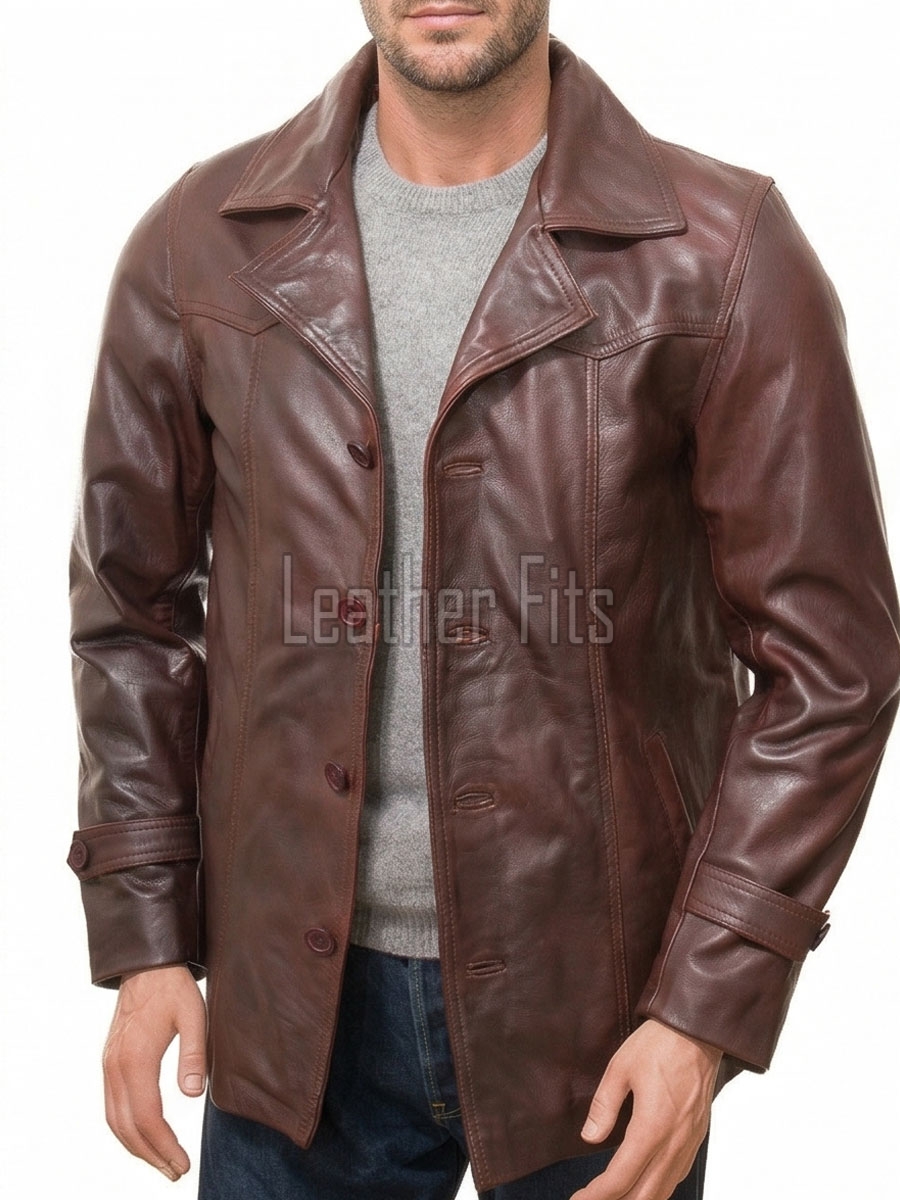 Men Oxblood Brown Leather Blazer Jacket | Premium Sheepskin Tailored Car Coat | Luxury Single Breasted Casual Business Outerwear