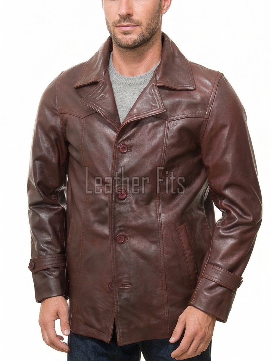 Men Oxblood Brown Leather Blazer Jacket | Premium Sheepskin Tailored Car Coat | Luxury Single Breasted Casual Business Outerwear