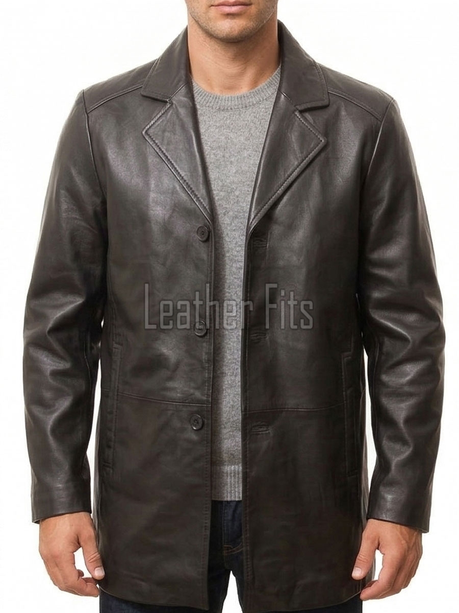 Men Dark Espresso Leather Blazer Jacket | Premium Lambskin Tailored Car Coat | Luxury Single Breasted Casual Business Outerwear