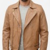 Men Tan Brown Genuine Leather  Jacket - Slim Fit Real Sheepskin Casual Winter Moto Outerwear for Men